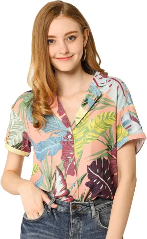 Allegra K Women's Hawaiian Shirt Floral Leaves Printed Short Sleeve Top Tropical Button Down Shirt Summer Fashion 2024