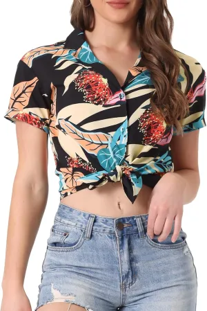 Allegra K Women's Hawaiian Shirt Floral Leaves Printed Short Sleeve Top Tropical Button Down Shirt Summer Fashion 2024