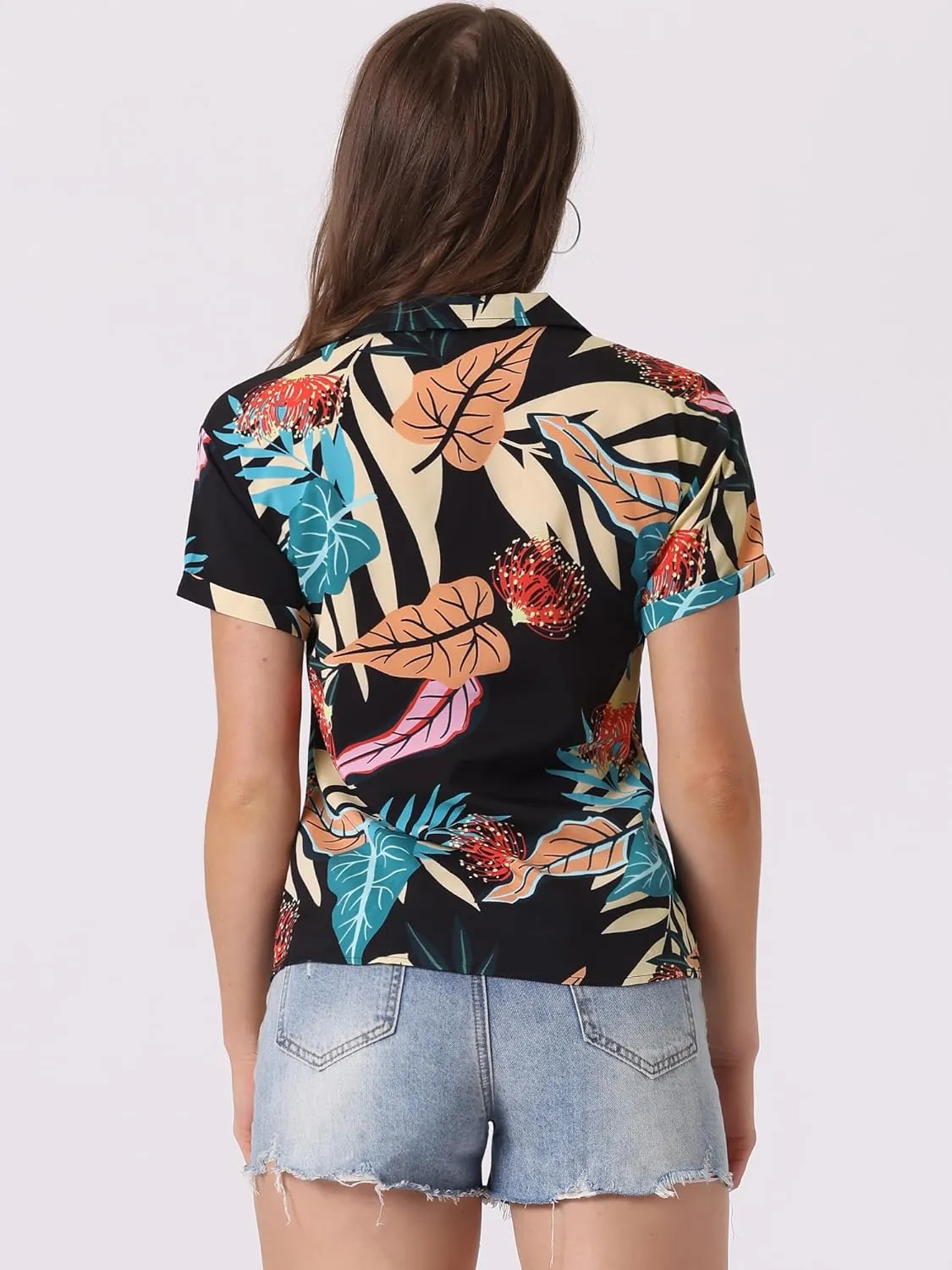 Allegra K Women's Hawaiian Shirt Floral Leaves Printed Short Sleeve Top Tropical Button Down Shirt Summer Fashion 2024