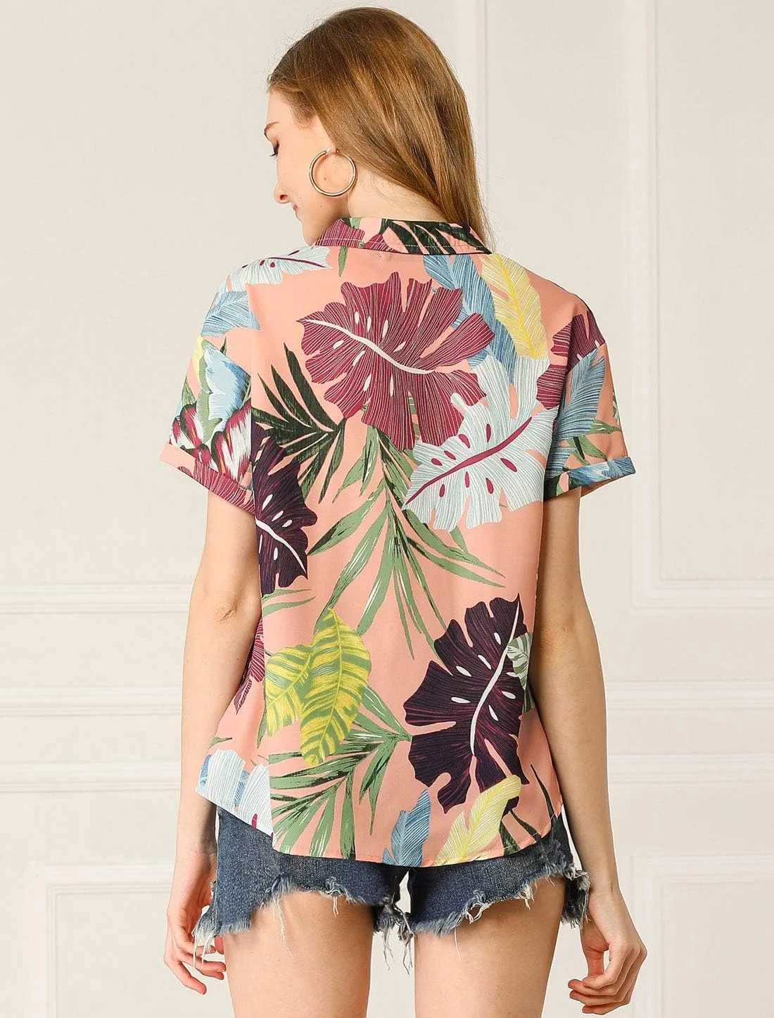 Allegra K Women's Hawaiian Shirt Floral Leaves Printed Short Sleeve Top Tropical Button Down Shirt Summer Fashion 2024