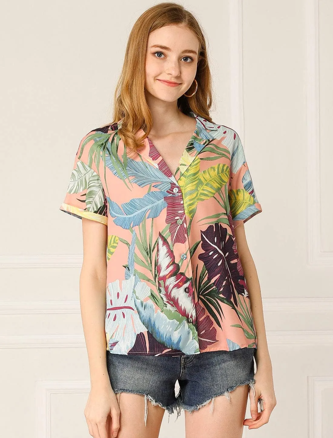 Allegra K Women's Hawaiian Shirt Floral Leaves Printed Short Sleeve Top Tropical Button Down Shirt Summer Fashion 2024