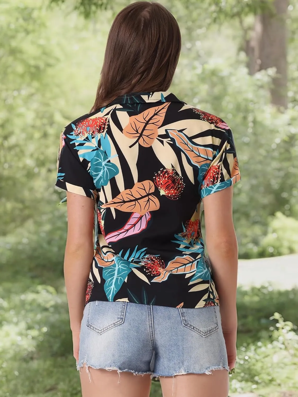 Allegra K Women's Hawaiian Shirt Floral Leaves Printed Short Sleeve Top Tropical Button Down Shirt Summer Fashion 2024