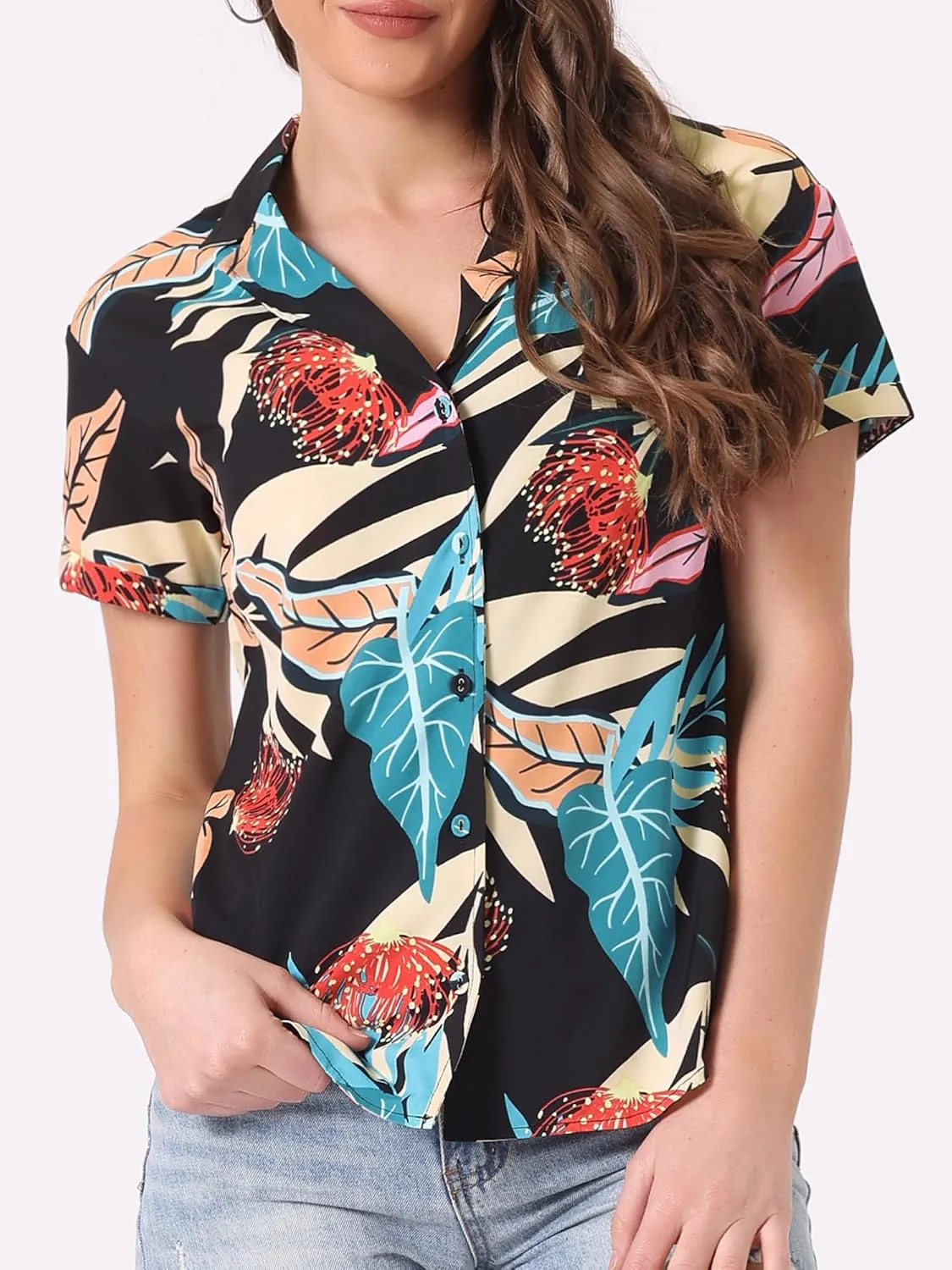 Allegra K Women's Hawaiian Shirt Floral Leaves Printed Short Sleeve Top Tropical Button Down Shirt Summer Fashion 2024