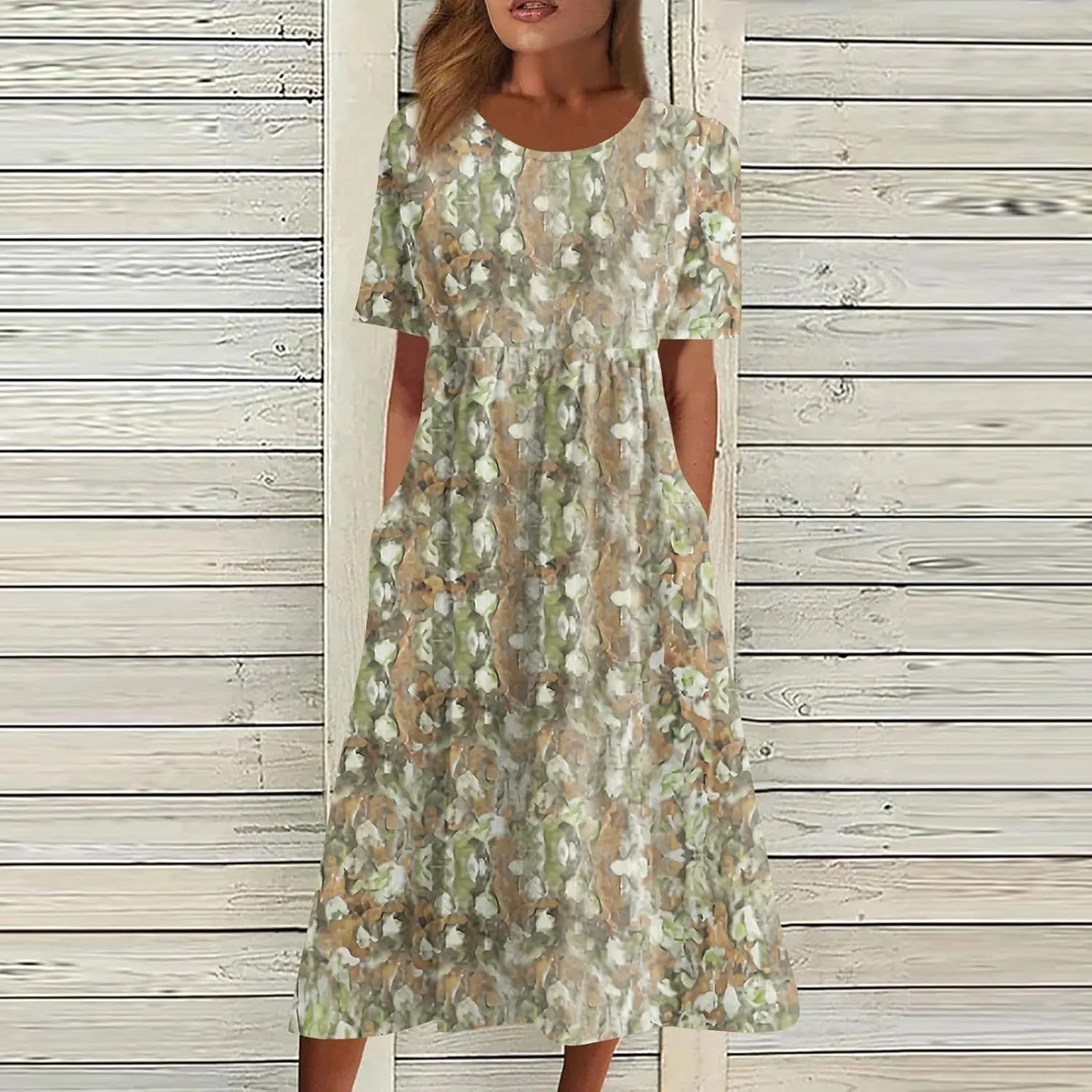 Below The Knee Short Sleeve Cover Up Ladies Dressy Classic Summer Soft Graphic Cotton Dress for Women.