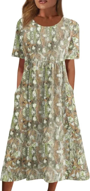Below The Knee Short Sleeve Cover Up Ladies Dressy Classic Summer Soft Graphic Cotton Dress for Women.