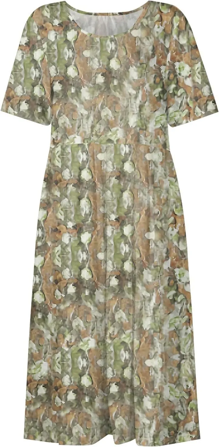 Below The Knee Short Sleeve Cover Up Ladies Dressy Classic Summer Soft Graphic Cotton Dress for Women.