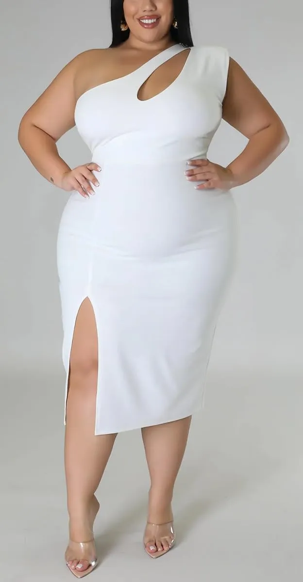 BFFBABY Womens Plus Size One Shoulder Midi Dress Summer Casual Slim Slit Sleeveless Elegant Dress