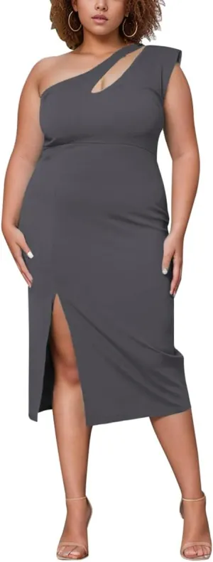 BFFBABY Womens Plus Size One Shoulder Midi Dress Summer Casual Slim Slit Sleeveless Elegant Dress