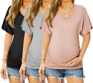 Ekouaer 3 Pack Maternity Shirts V Neck Dolman Sleeve Side Ruched Pregnancy Tops Tunic Blouse