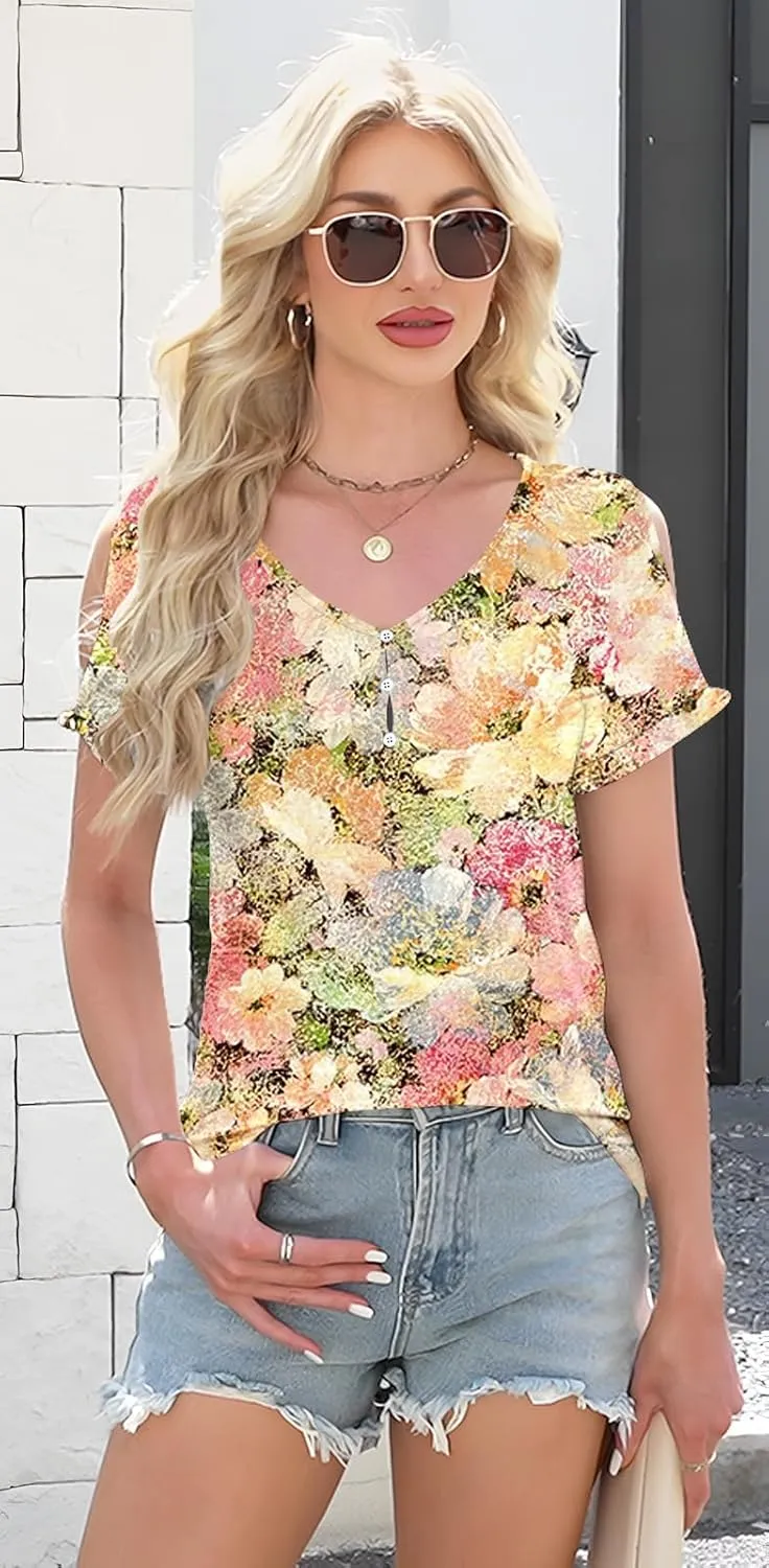 ETCYY NEW Womens Summer Tunic Tops 2025 Short Sleeve Cold Shoulder Shirts Dressy Casual Blouses