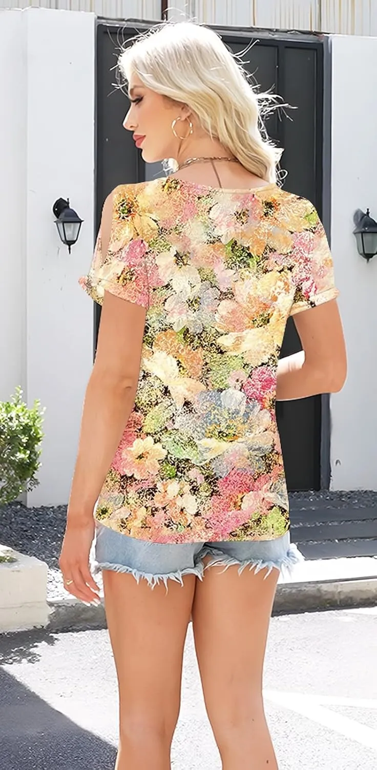 ETCYY NEW Womens Summer Tunic Tops 2025 Short Sleeve Cold Shoulder Shirts Dressy Casual Blouses
