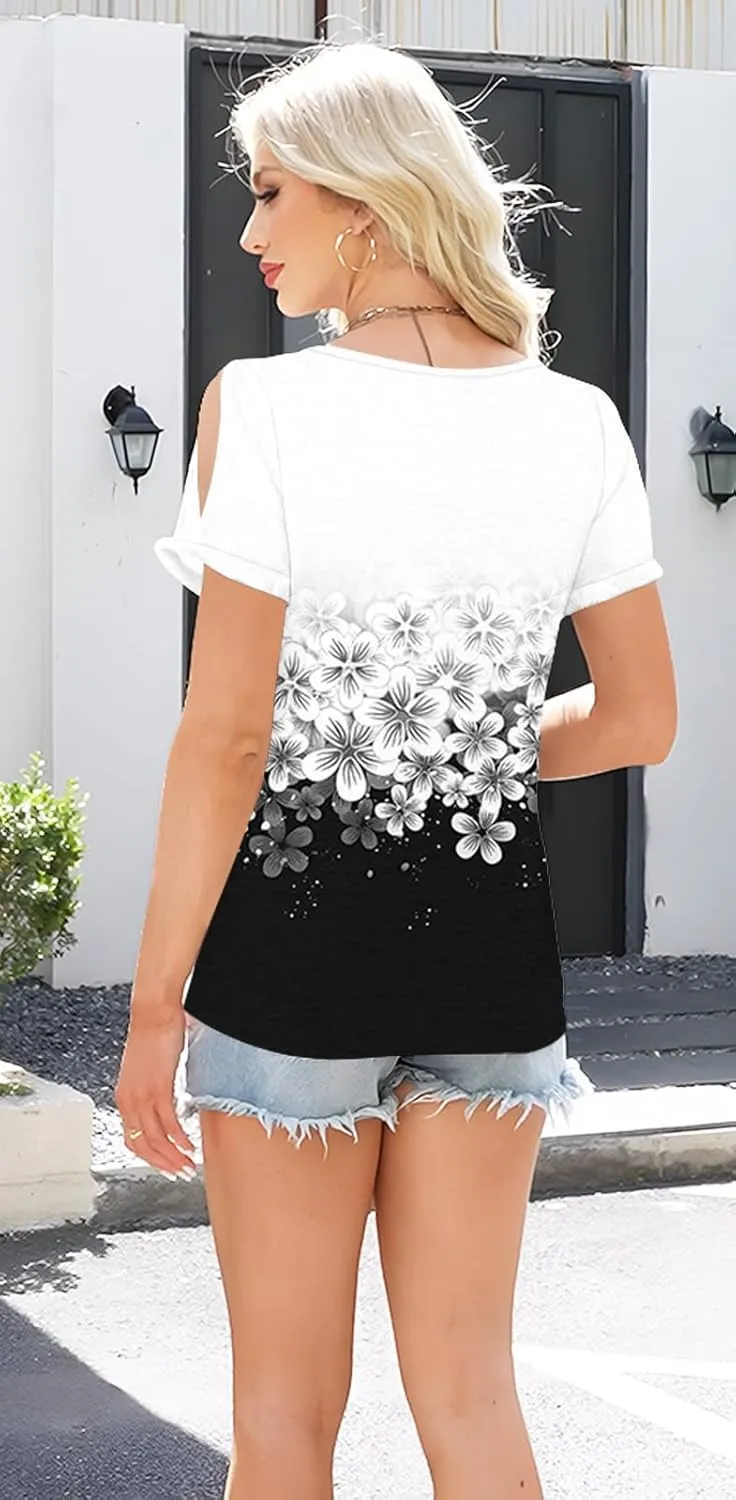ETCYY NEW Womens Summer Tunic Tops 2025 Short Sleeve Cold Shoulder Shirts Dressy Casual Blouses