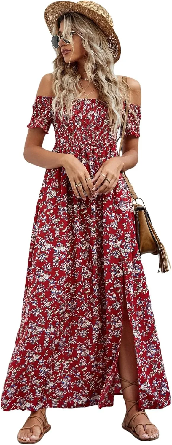 Floerns Women's Boho Floral Print Off Shoulder Split Long A Line Dress