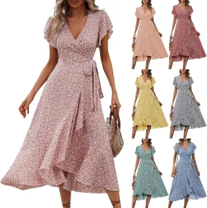 Floral Midi Dress for Women Summer V Neck Flutter Sleeve Empire Waist Belted Ruffle Midi Dress for Wedding Guest