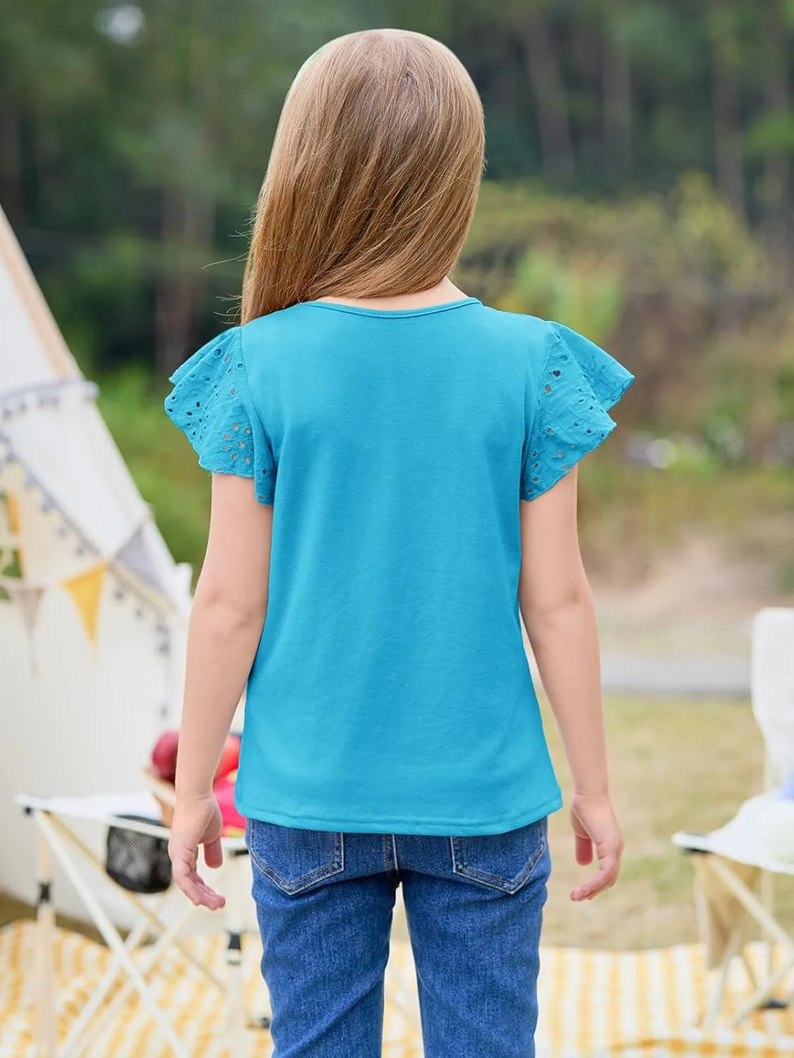 Imily Bela Girls Ruffle Sleeve Shirts Summer Crewneck Eyelet Tee Tops Casual Cute Blouse 4-15 Years