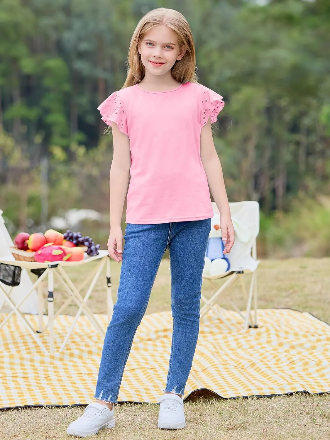 Imily Bela Girls Ruffle Sleeve Shirts Summer Crewneck Eyelet Tee Tops Casual Cute Blouse 4-15 Years
