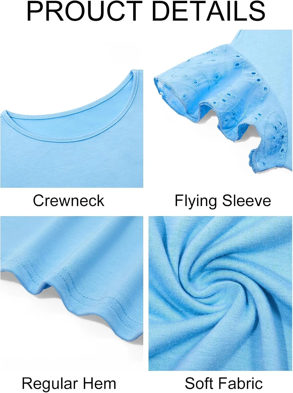 Imily Bela Girls Ruffle Sleeve Shirts Summer Crewneck Eyelet Tee Tops Casual Cute Blouse 4-15 Years