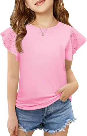 Imily Bela Girls Ruffle Sleeve Shirts Summer Crewneck Eyelet Tee Tops Casual Cute Blouse 4-15 Years