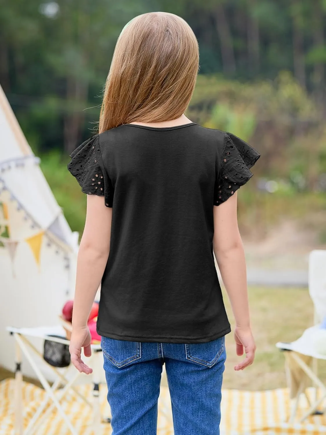 Imily Bela Girls Ruffle Sleeve Shirts Summer Crewneck Eyelet Tee Tops Casual Cute Blouse 4-15 Years