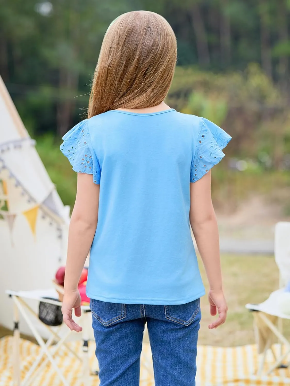 Imily Bela Girls Ruffle Sleeve Shirts Summer Crewneck Eyelet Tee Tops Casual Cute Blouse 4-15 Years