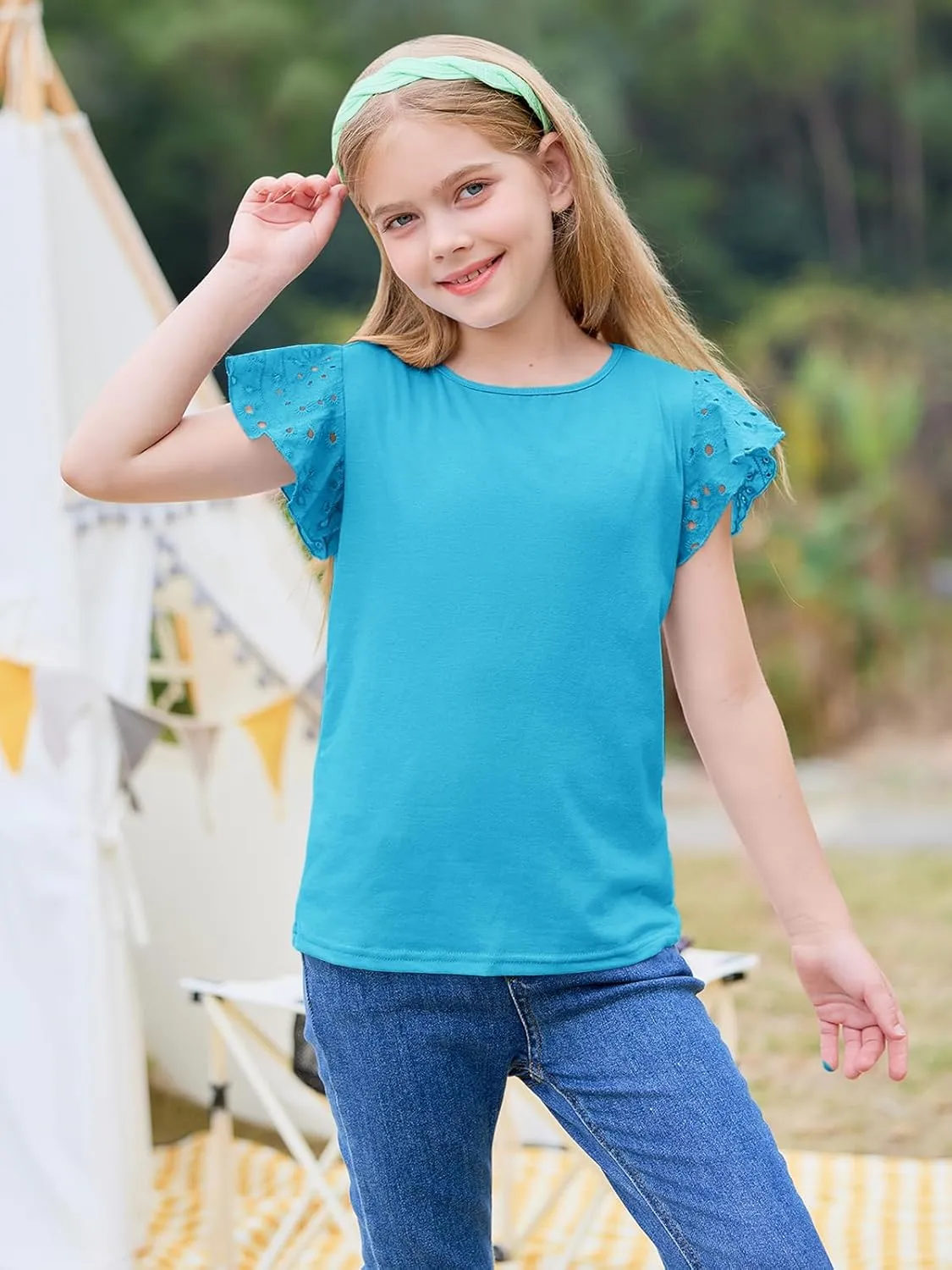 Imily Bela Girls Ruffle Sleeve Shirts Summer Crewneck Eyelet Tee Tops Casual Cute Blouse 4-15 Years