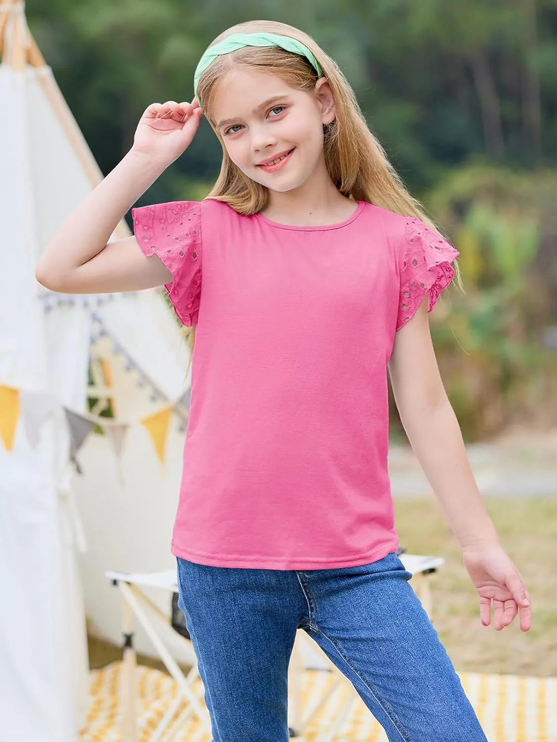 Imily Bela Girls Ruffle Sleeve Shirts Summer Crewneck Eyelet Tee Tops Casual Cute Blouse 4-15 Years
