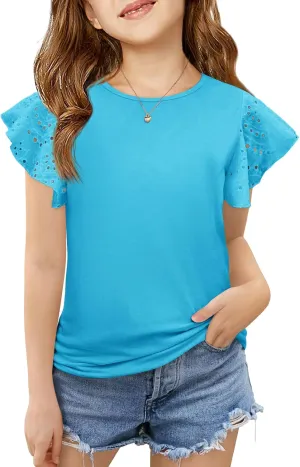 Imily Bela Girls Ruffle Sleeve Shirts Summer Crewneck Eyelet Tee Tops Casual Cute Blouse 4-15 Years