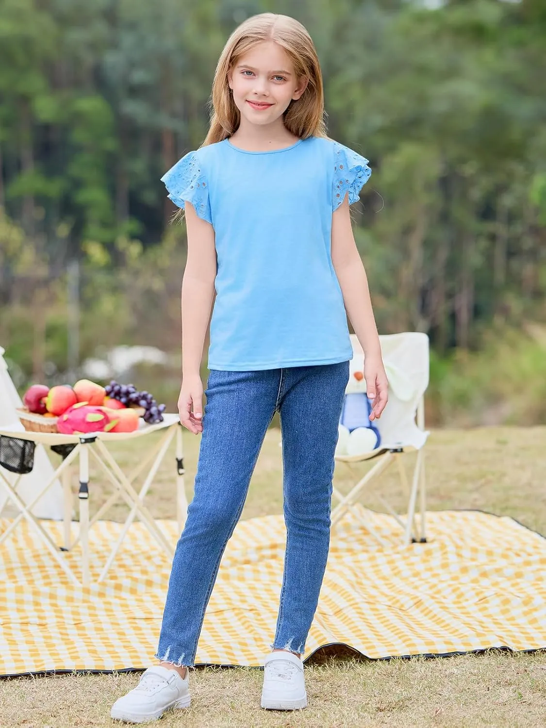Imily Bela Girls Ruffle Sleeve Shirts Summer Crewneck Eyelet Tee Tops Casual Cute Blouse 4-15 Years