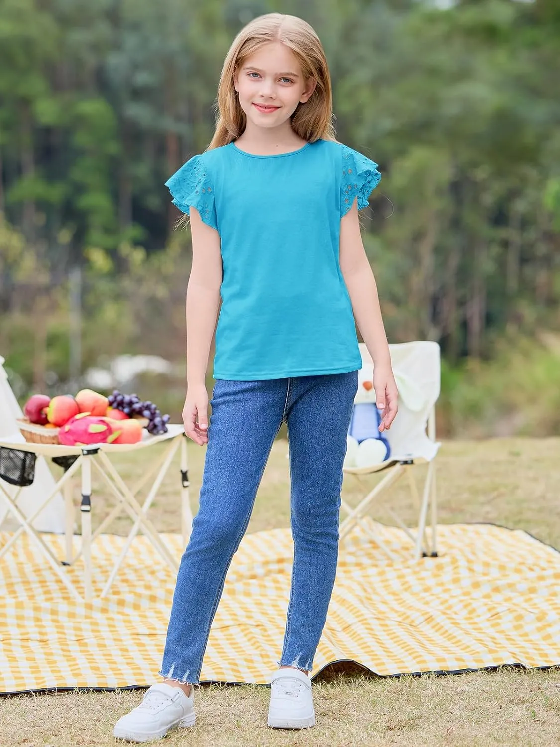 Imily Bela Girls Ruffle Sleeve Shirts Summer Crewneck Eyelet Tee Tops Casual Cute Blouse 4-15 Years