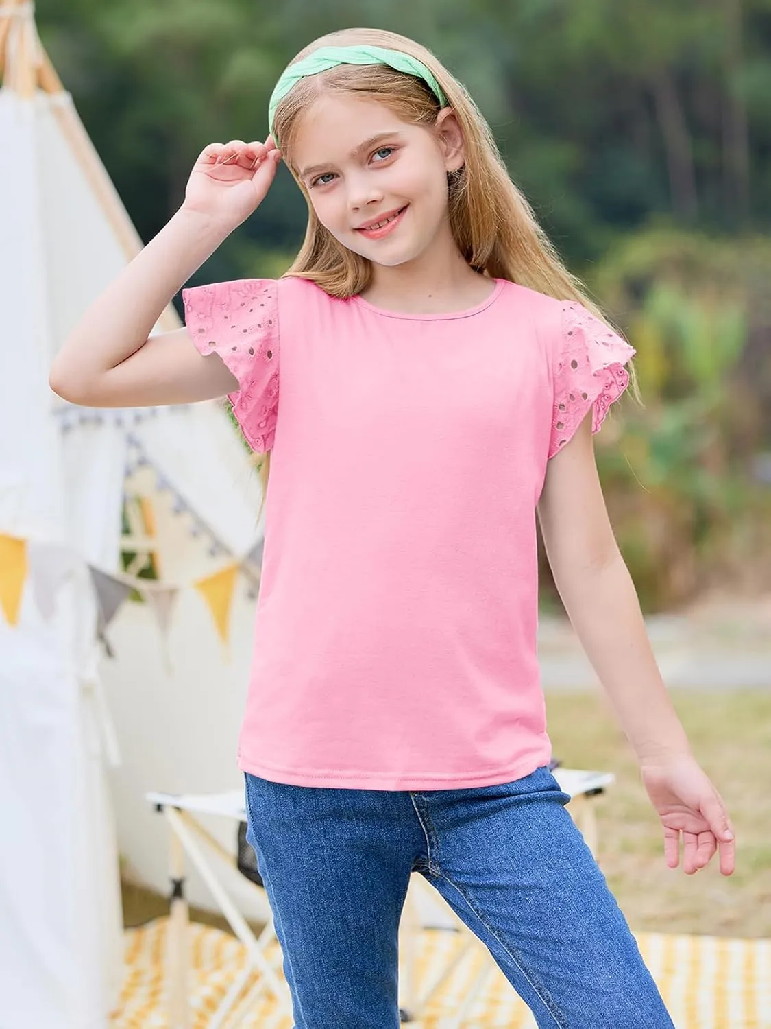 Imily Bela Girls Ruffle Sleeve Shirts Summer Crewneck Eyelet Tee Tops Casual Cute Blouse 4-15 Years
