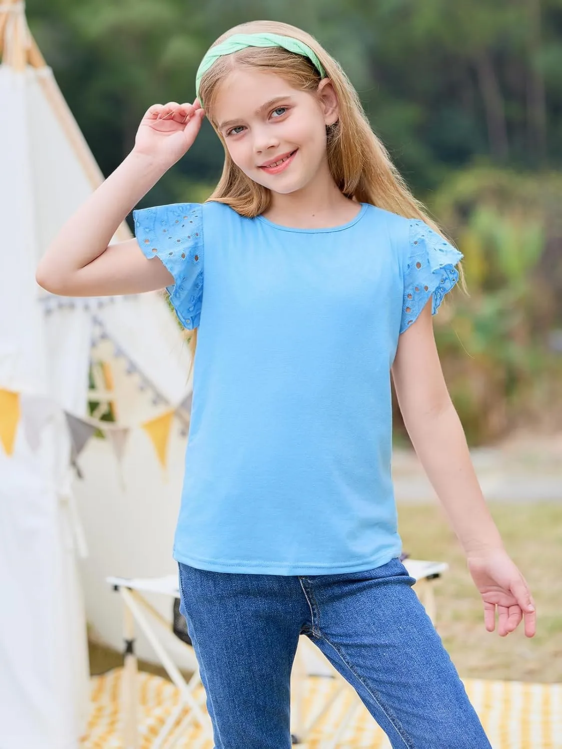 Imily Bela Girls Ruffle Sleeve Shirts Summer Crewneck Eyelet Tee Tops Casual Cute Blouse 4-15 Years