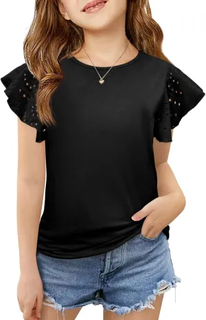 Imily Bela Girls Ruffle Sleeve Shirts Summer Crewneck Eyelet Tee Tops Casual Cute Blouse 4-15 Years