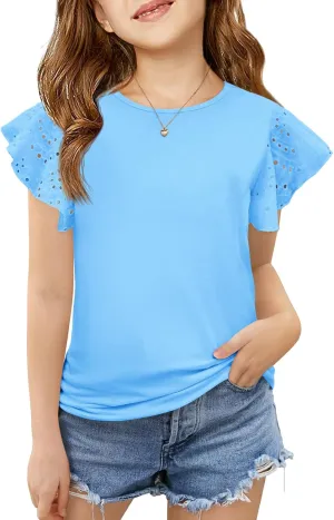 Imily Bela Girls Ruffle Sleeve Shirts Summer Crewneck Eyelet Tee Tops Casual Cute Blouse 4-15 Years