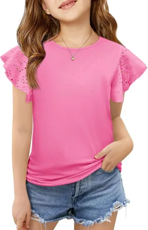 Imily Bela Girls Ruffle Sleeve Shirts Summer Crewneck Eyelet Tee Tops Casual Cute Blouse 4-15 Years