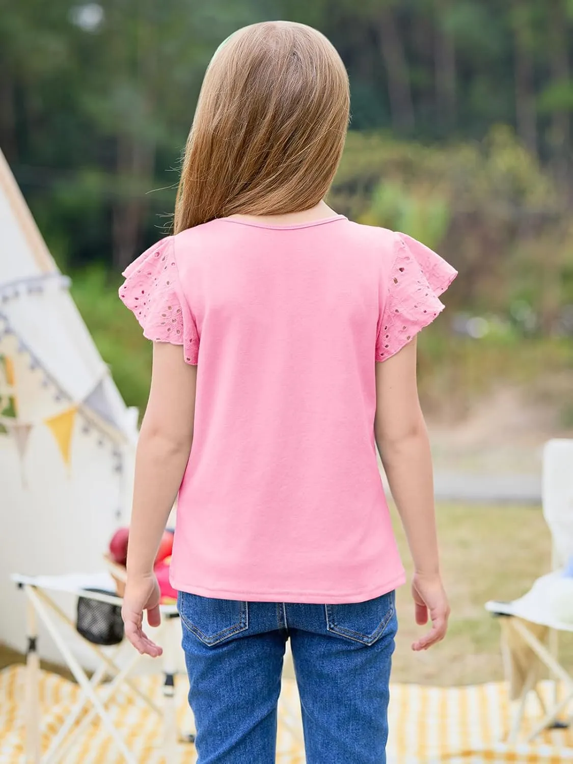 Imily Bela Girls Ruffle Sleeve Shirts Summer Crewneck Eyelet Tee Tops Casual Cute Blouse 4-15 Years