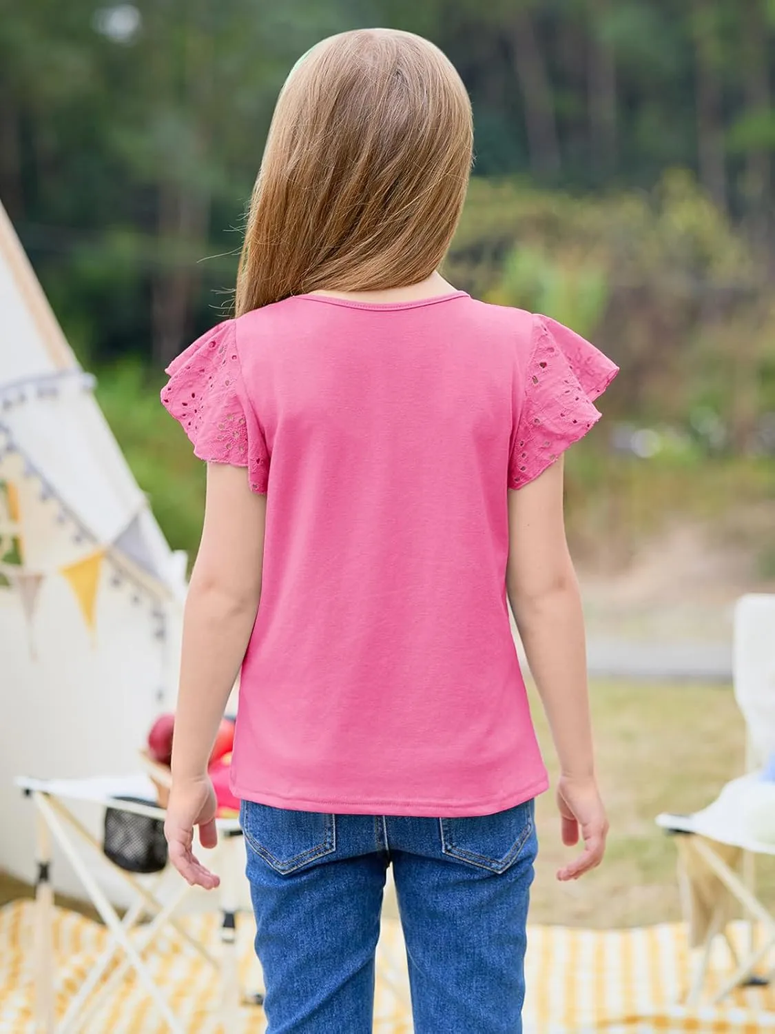 Imily Bela Girls Ruffle Sleeve Shirts Summer Crewneck Eyelet Tee Tops Casual Cute Blouse 4-15 Years