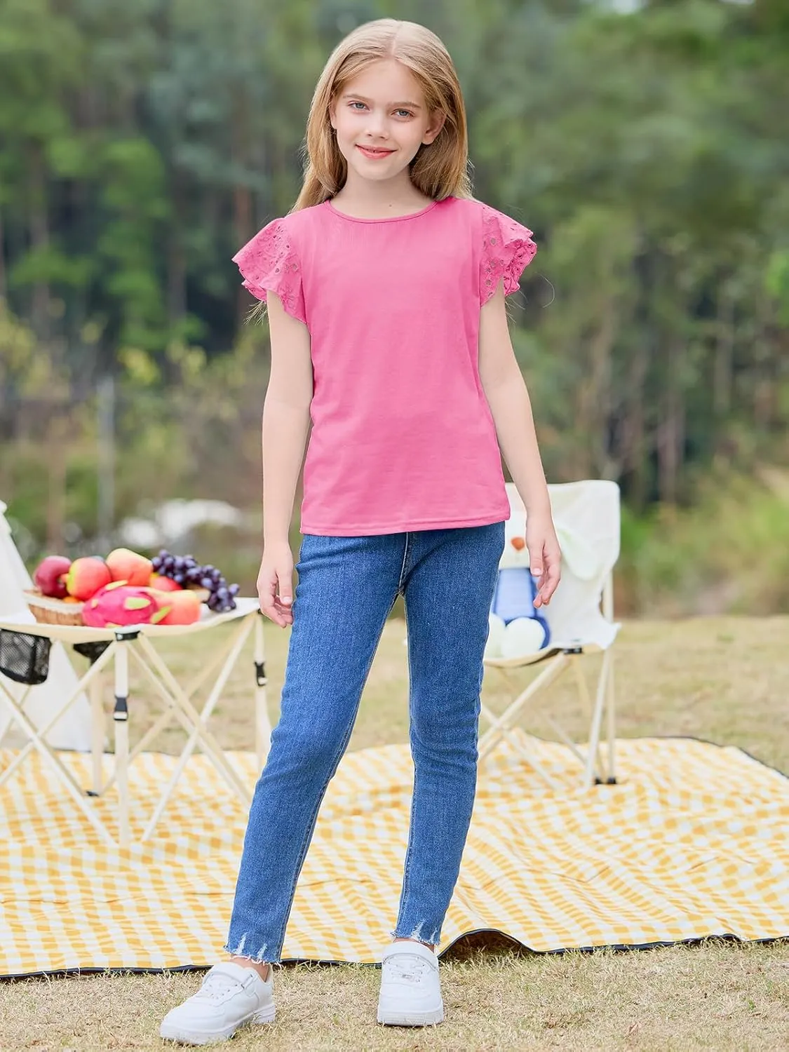 Imily Bela Girls Ruffle Sleeve Shirts Summer Crewneck Eyelet Tee Tops Casual Cute Blouse 4-15 Years