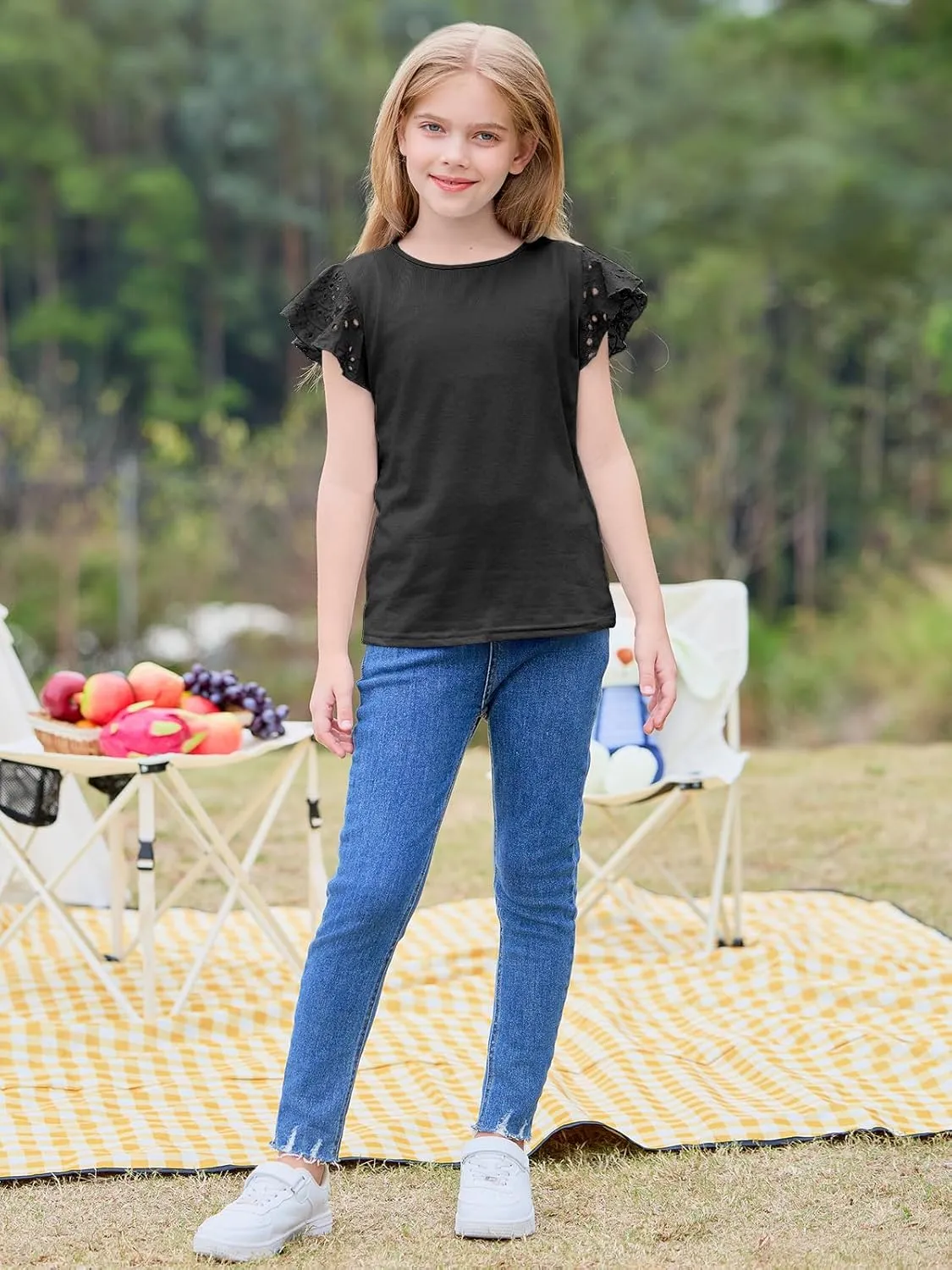 Imily Bela Girls Ruffle Sleeve Shirts Summer Crewneck Eyelet Tee Tops Casual Cute Blouse 4-15 Years
