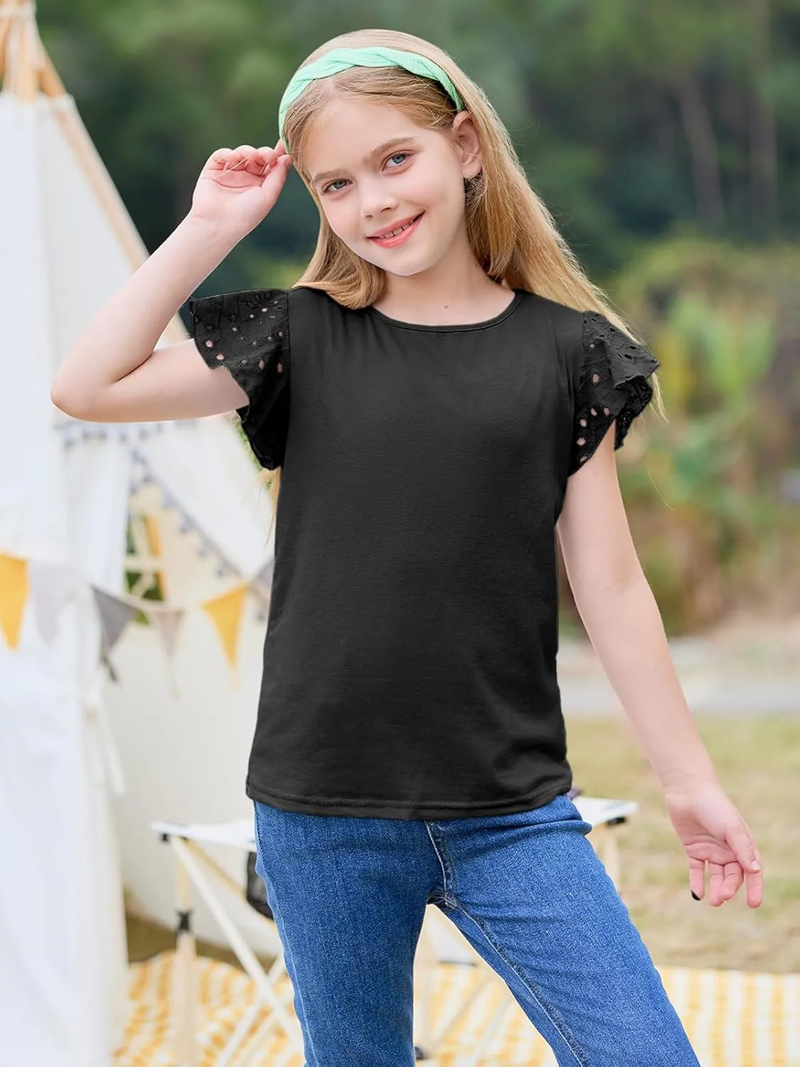 Imily Bela Girls Ruffle Sleeve Shirts Summer Crewneck Eyelet Tee Tops Casual Cute Blouse 4-15 Years