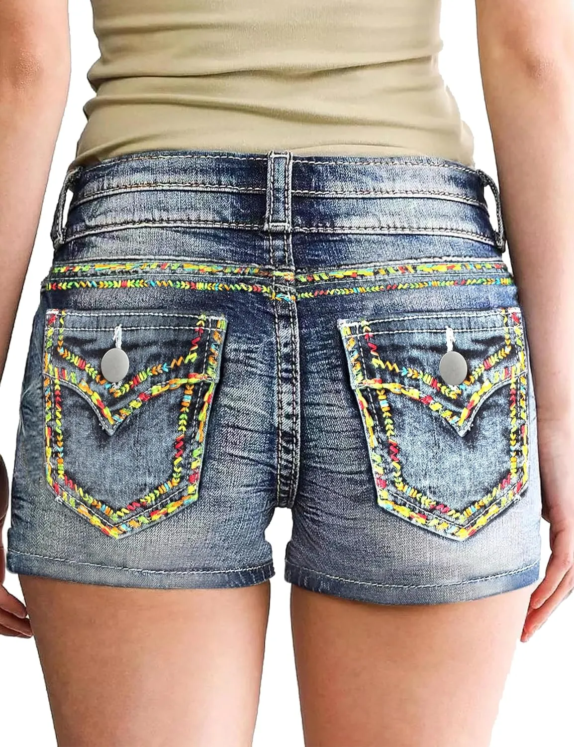 Jean Shorts for Women Denim Shorts Mid Rise Raw Hem Skinny Stretchy Back Embroidery Pocket Shorts