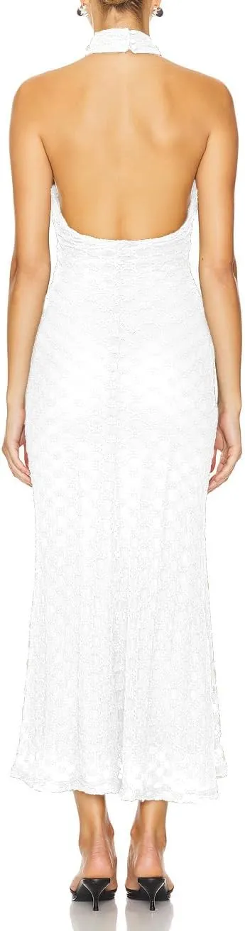JLCNCUE Women's Elegant Halter Neck Floral Lace Mermaid Maxi Dress Sleeveless Open Back Cocktail Party Dress 399