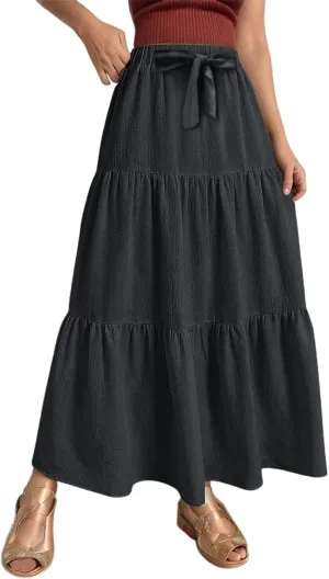 Linen Maxi Skirts for Women 2025 Summer Boho Long Flowy Bow Tie Elastic High Waist Tiered Swing Pleated A Line Skirt
