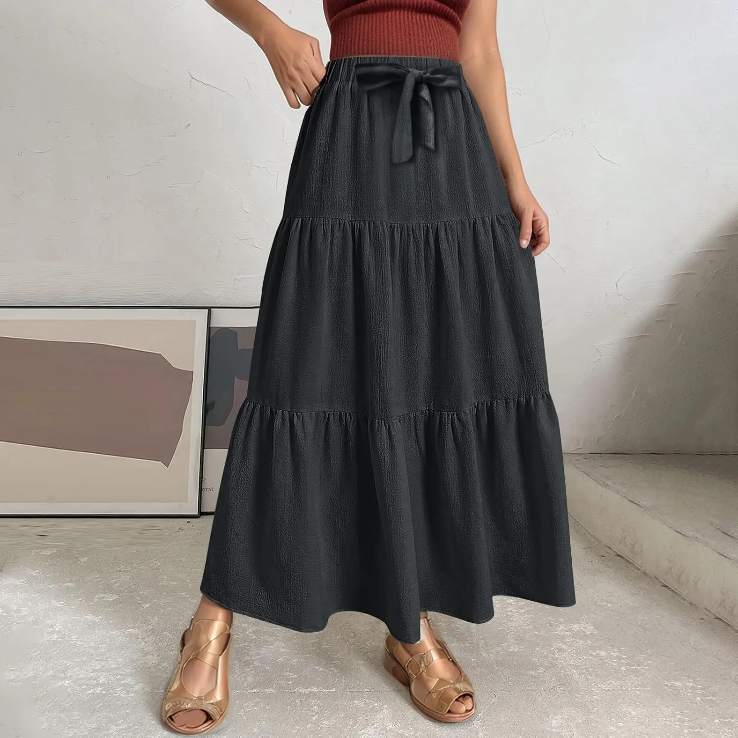 Linen Maxi Skirts for Women 2025 Summer Boho Long Flowy Bow Tie Elastic High Waist Tiered Swing Pleated A Line Skirt
