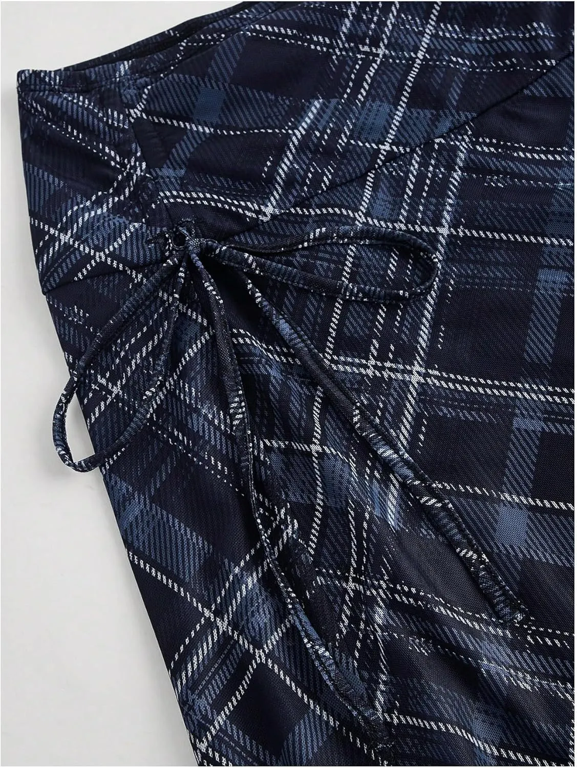 MakeMeChic Women's Plaid Skirts Asymmetrical Mesh Skirt Ruched Ruffle Midi Skirts