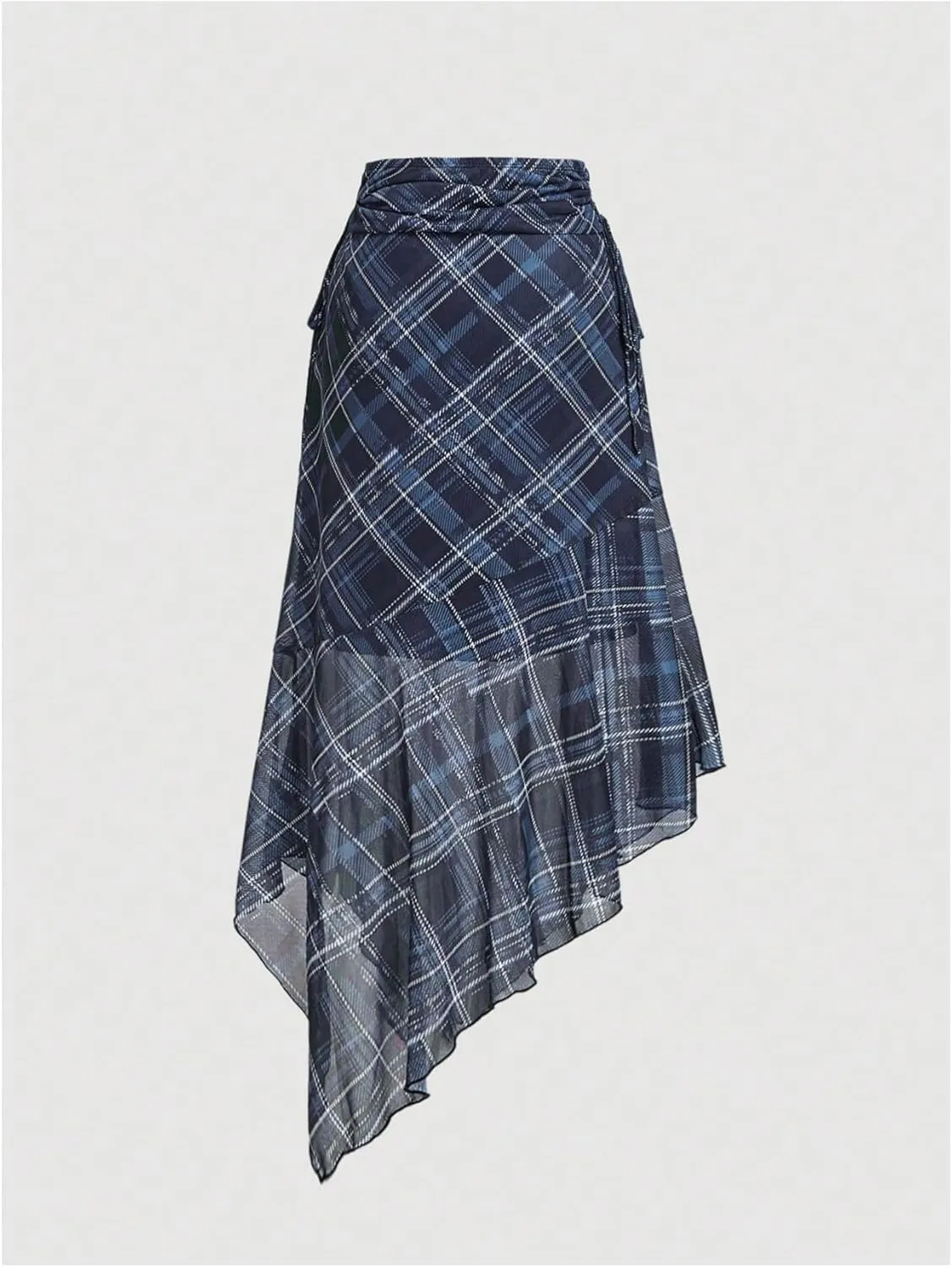 MakeMeChic Women's Plaid Skirts Asymmetrical Mesh Skirt Ruched Ruffle Midi Skirts