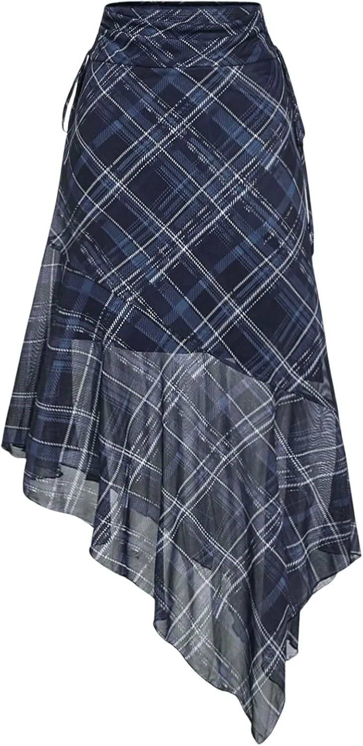 MakeMeChic Women's Plaid Skirts Asymmetrical Mesh Skirt Ruched Ruffle Midi Skirts