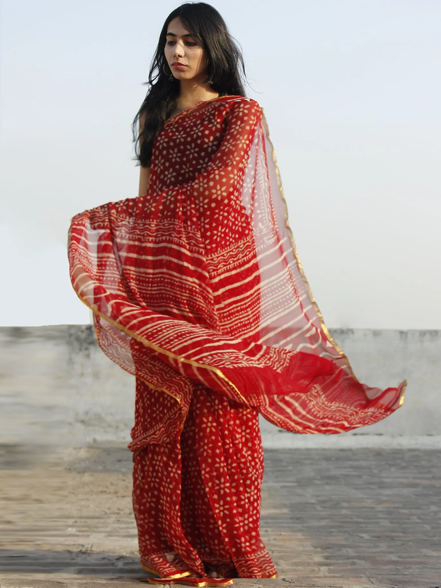 Maroon Ivory Hand Block Printed Chiffon Saree - S031702343