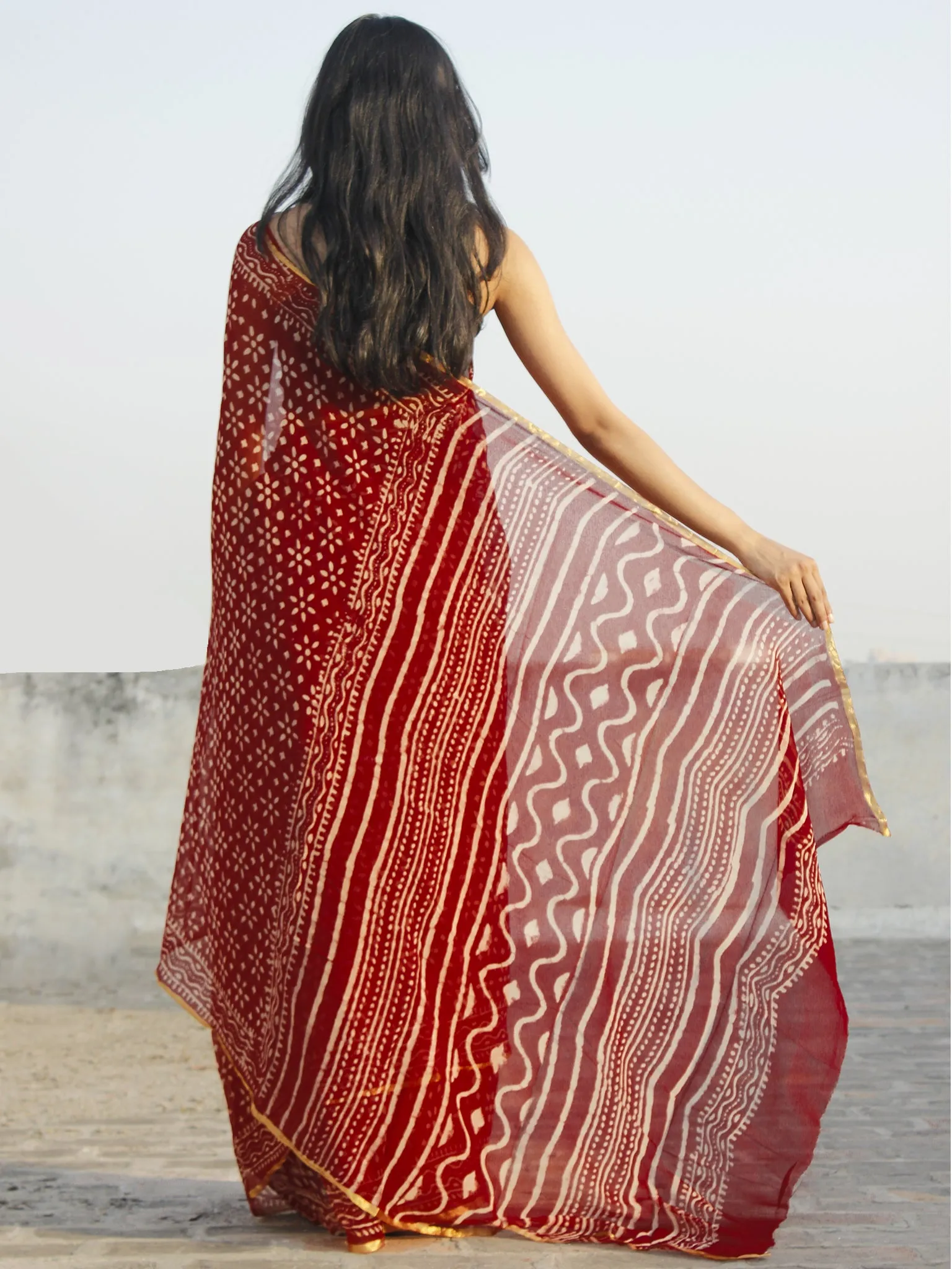 Maroon Ivory Hand Block Printed Chiffon Saree - S031702343