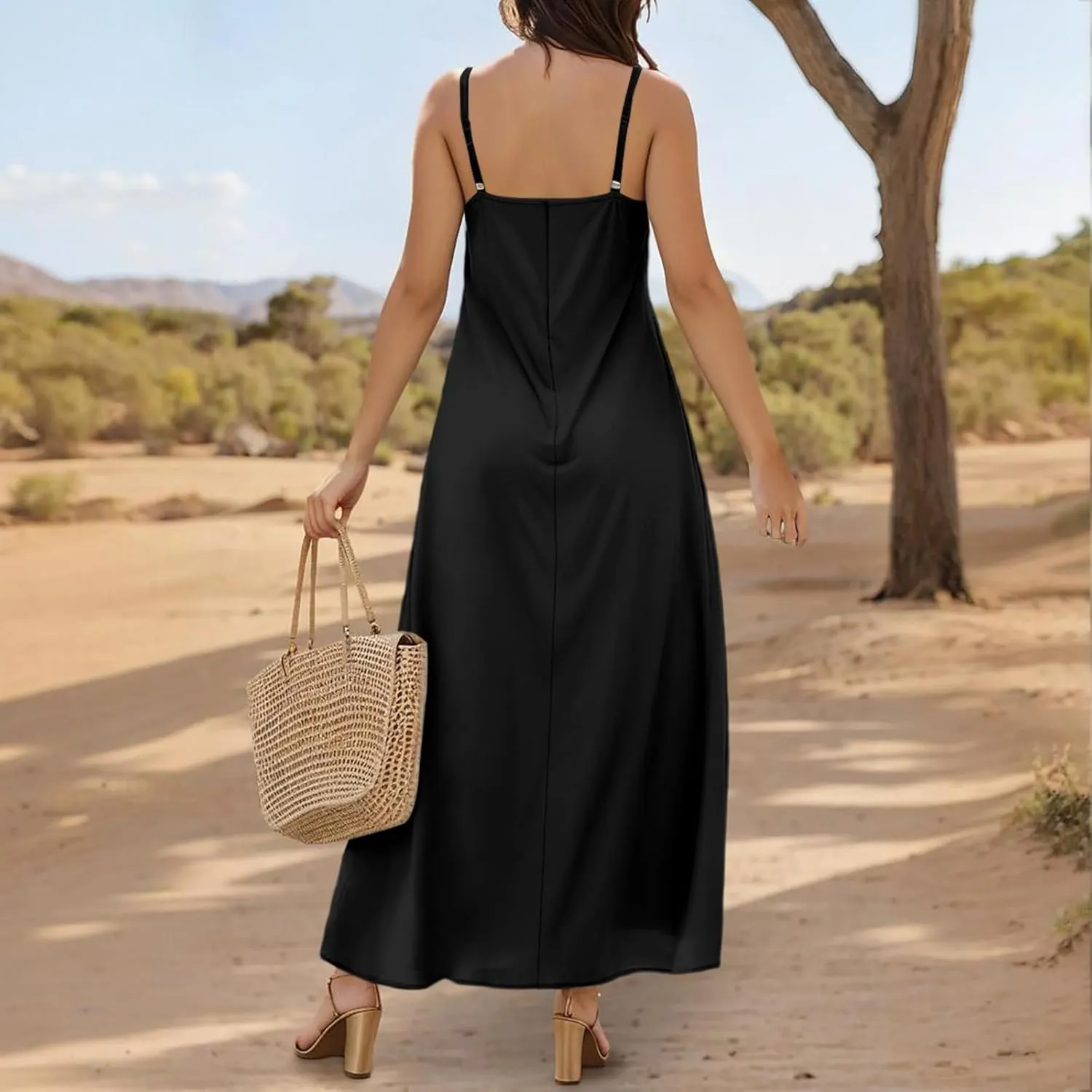 Maxi Dress for Women 2025 Casual Adjustable Spaghetti Strap Summer Long Dresses Flowy Wrap V Neck Beach Vacation Sundress