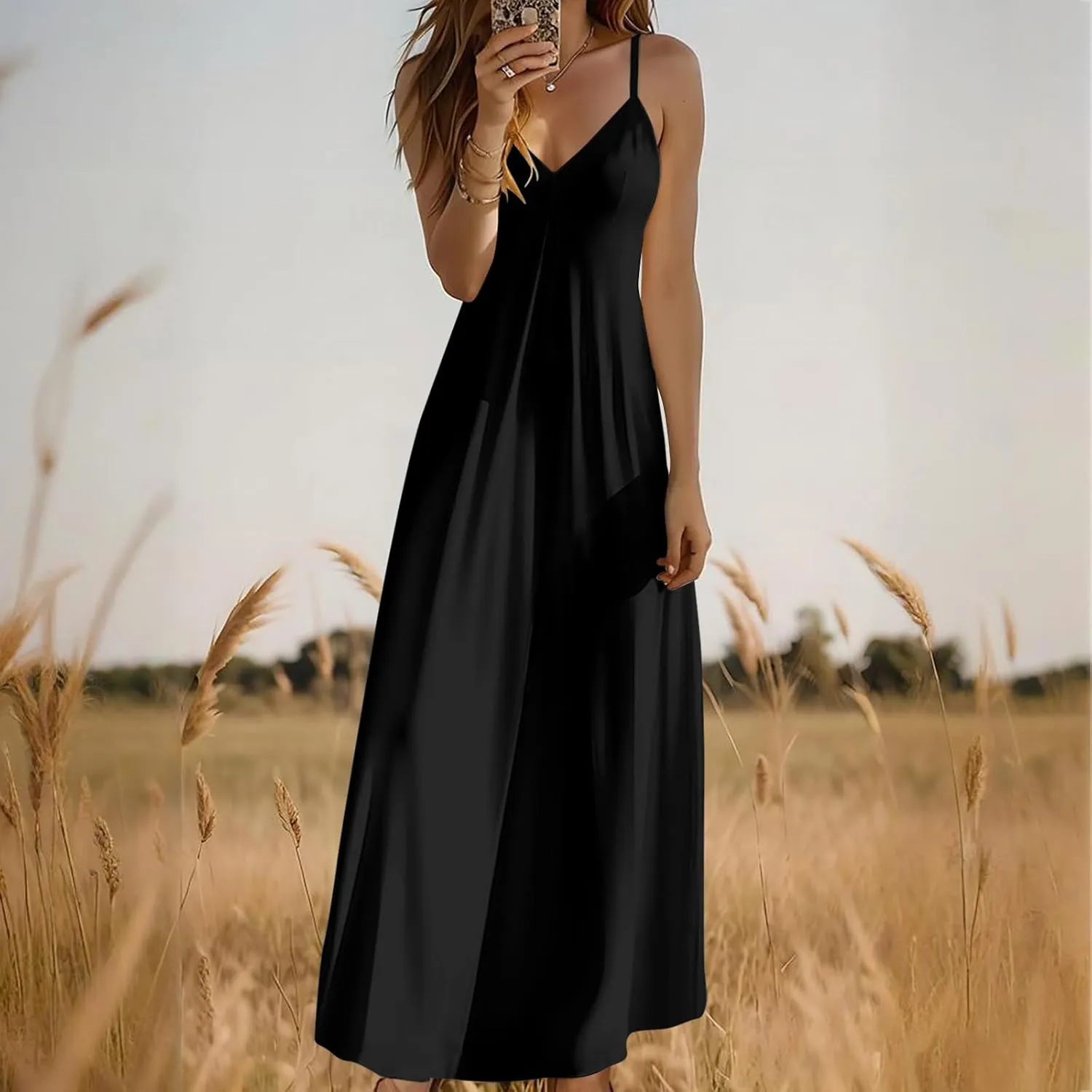 Maxi Dress for Women 2025 Casual Adjustable Spaghetti Strap Summer Long Dresses Flowy Wrap V Neck Beach Vacation Sundress